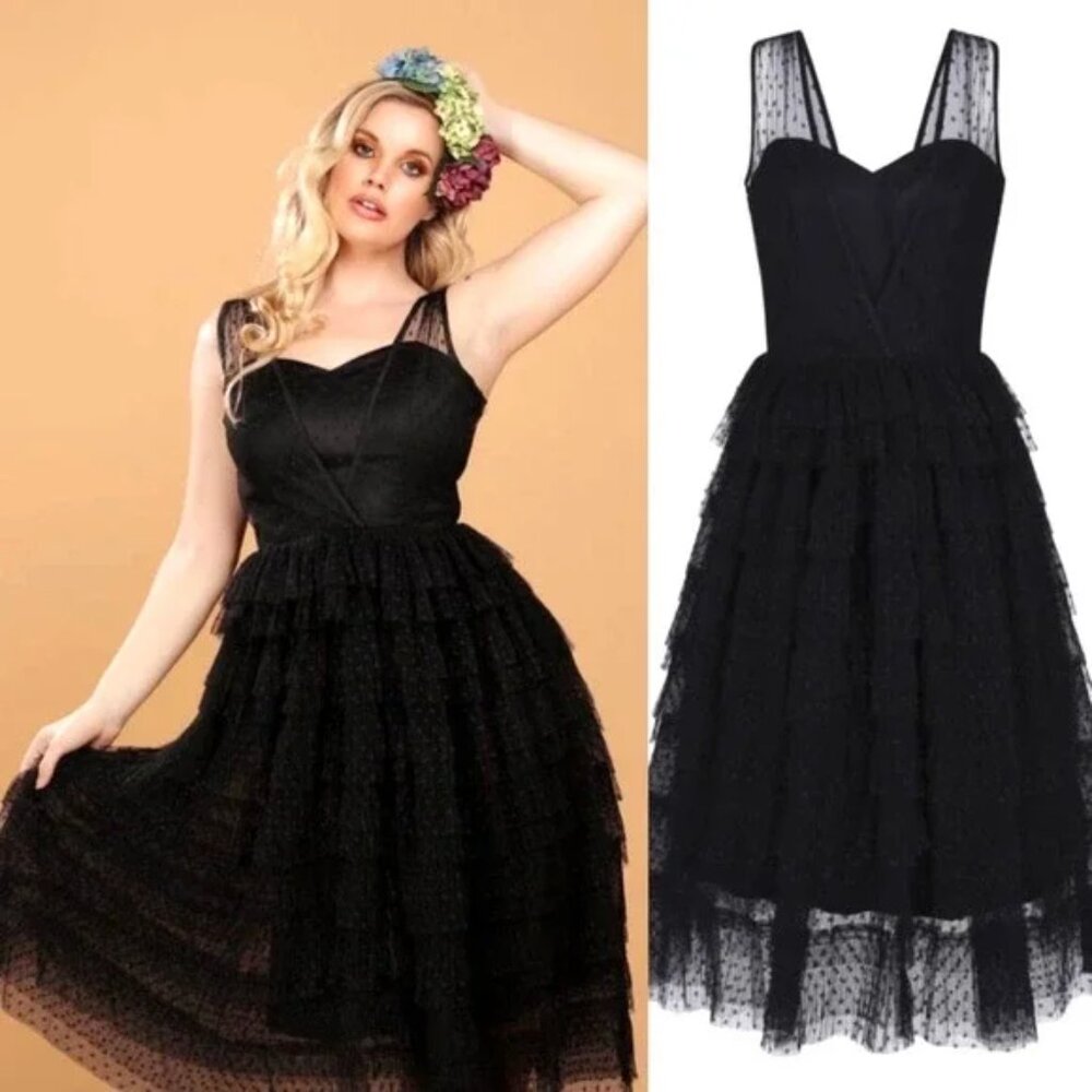 Collectif Vintage Black Courtney Swiss Dot Tiered Lace Swing Dress US 10 Retro